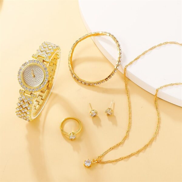 5pcsset Diamond Bracelet Necklace Stud Ring Watch Jewelry Set - Image 4